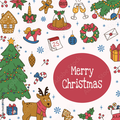 Christmas doodle square card with festive hand drawn elements and typography. Flat vector illustration. Perfect for social media, poster, invitation, cover, background