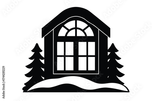 snow covered cottage window simple line art silhouette vector icon
