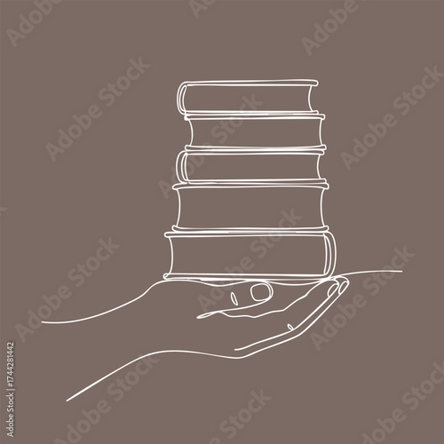 Minimalist line drawing of a hand holding a stack of five books with a plain