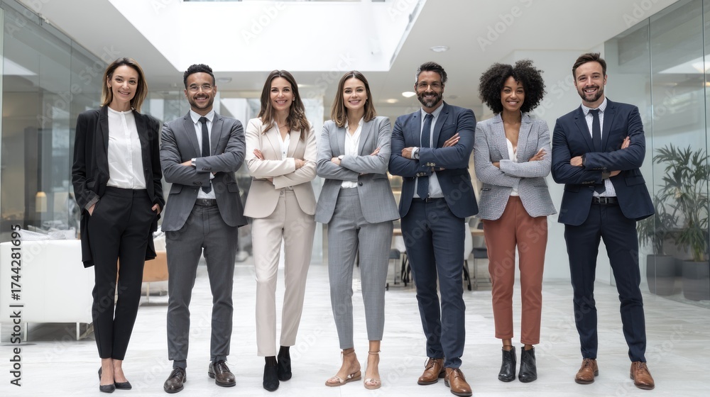 Fototapeta premium A diverse group of professionals in business attire pose in a bright, modern office space