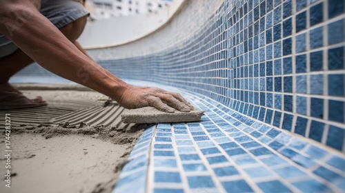 Skilled individual expertly applies grout to the tiles of a curved pool, carefully smoothing the surface with a tool, showcasing a professional technique within an outdoor environment, highlighting...