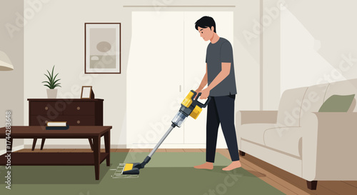 Person vacuuming living room in modern minimalist style
