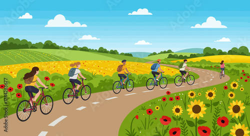 Group cycling on scenic countryside trail with blooming sunflowers and poppies