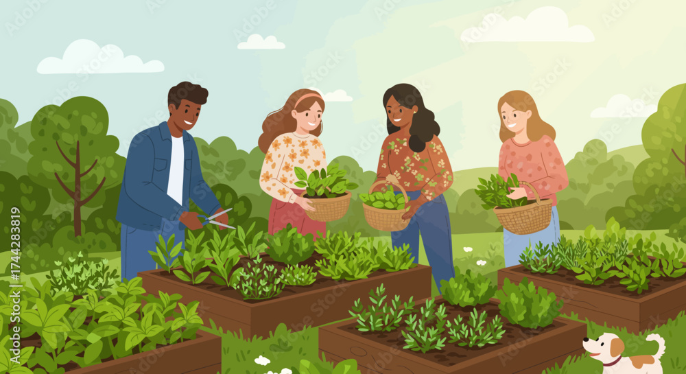 Fototapeta premium Community garden gathering in a sunlit organic vegetable patch