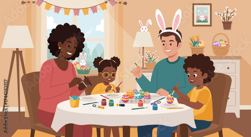 Family enjoying easter egg painting together in a cozy home setting