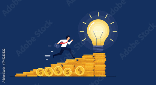 Businessman climbing coin stairs toward bright idea lamp on blue background