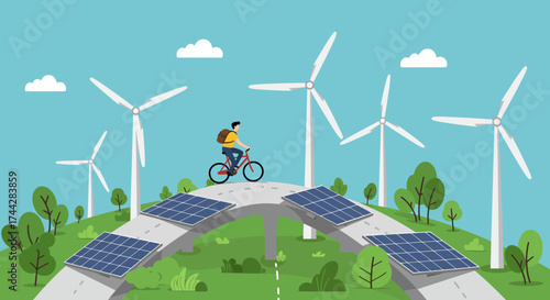 Cyclist enjoying a scenic ride through a renewable energy landscape with wind turbines and solar panels