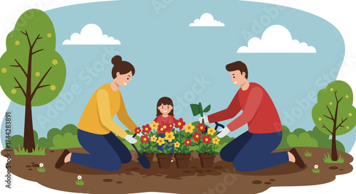 Family gardening together outdoors with smiles and colorful blooms in nature