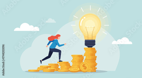 Woman climbing coin stairs towards a glowing idea lightbulb