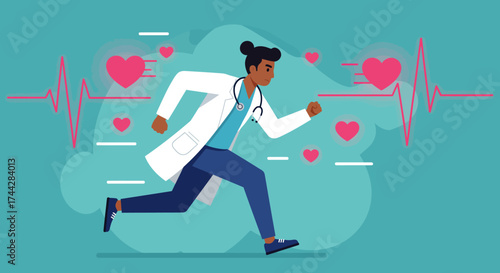 Energetic doctor running with heartbeat background for healthcare concept