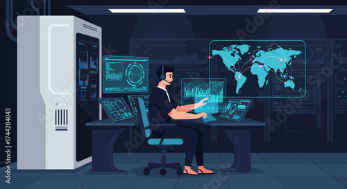 Futuristic control room with data display and world map monitors in dark environment