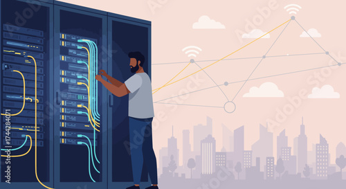 Technician managing server room in a modern city network concept illustration