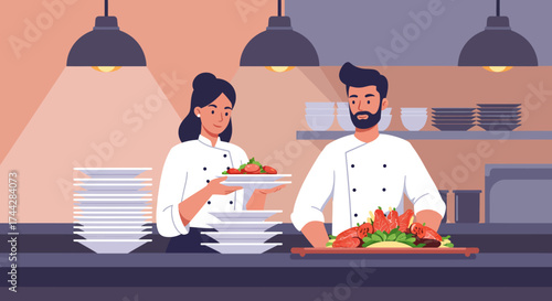 Chefs cooking in modern kitchen with fresh ingredients and dishware