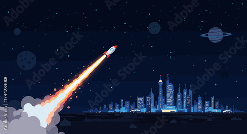 Futuristic cityscape with rocket launch and planets in night sky scene