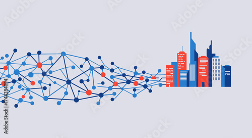Network connection transforming into a modern city skyline