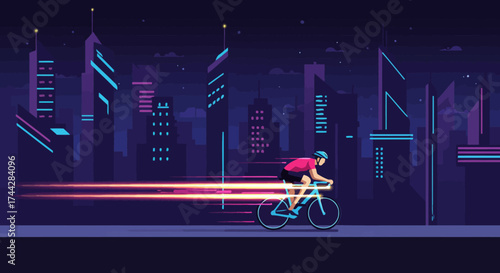 Futuristic night city cyclist with neon lights and modern skyscrapers