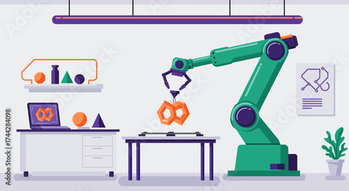 Futuristic industrial automation with robotic arm in modern workspace