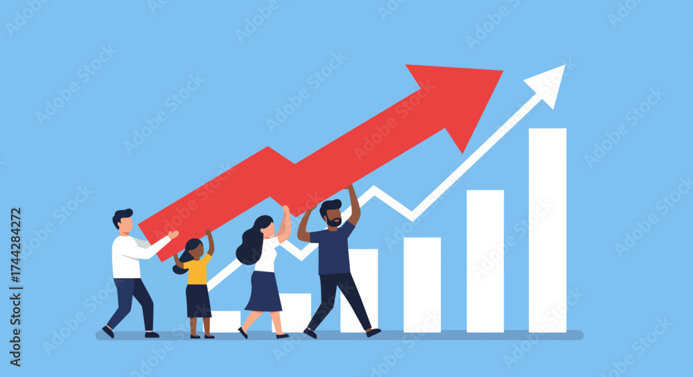 Fototapeta premium Teamwork success: diverse group boosting growth with rising graph in flat style