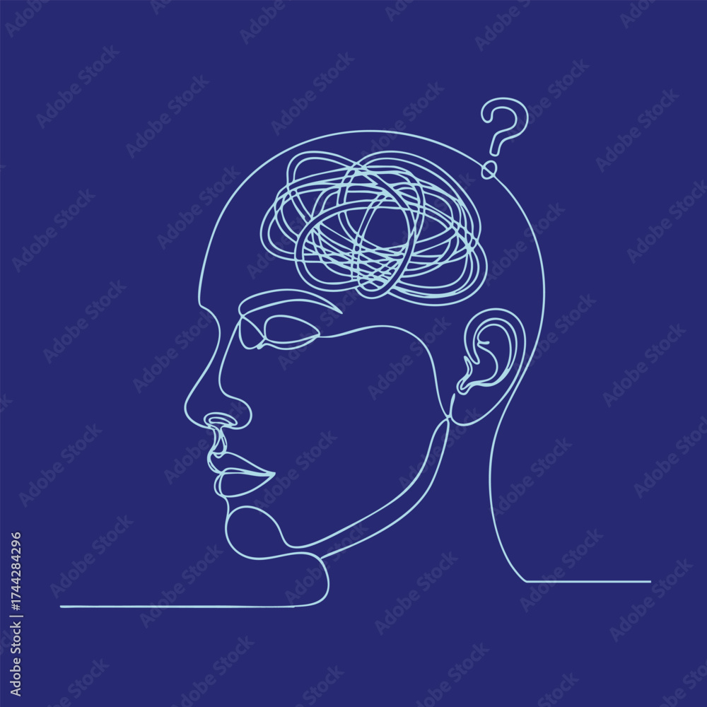 Fototapeta premium Minimalist line drawing of a human head with a tangled brain and a question mark symbolizing confusion or mental complexity