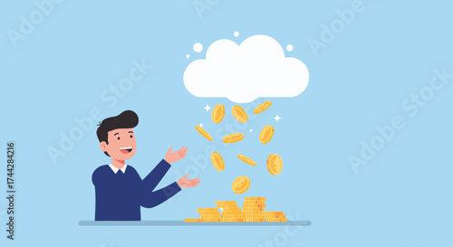 Happy man enjoying digital financial success with cloud and coins on blue background
