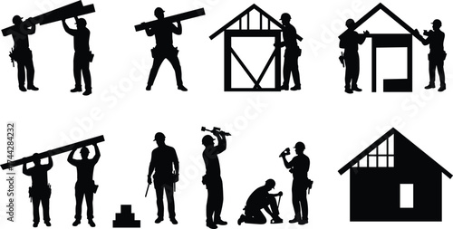 Construction workers building house silhouette vector illustration, teamwork carpenters working on home roof and framing design concept black silhouette art