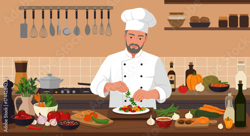 Chef preparing a gourmet meal in a cozy kitchen setting with fresh ingredients