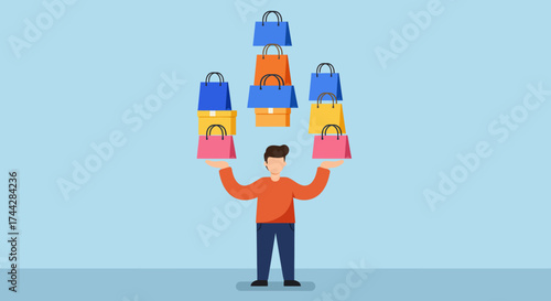 Balancing shopping bags: man juggling colorful bags on blue background