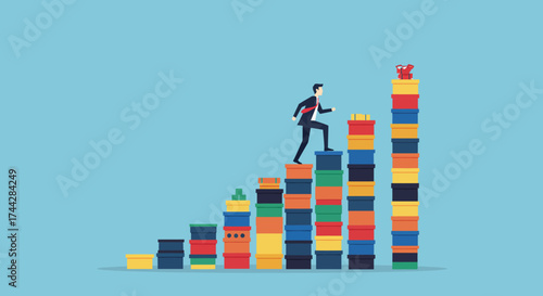 Businessman climbing bar graph of colorful stacked boxes in success concept