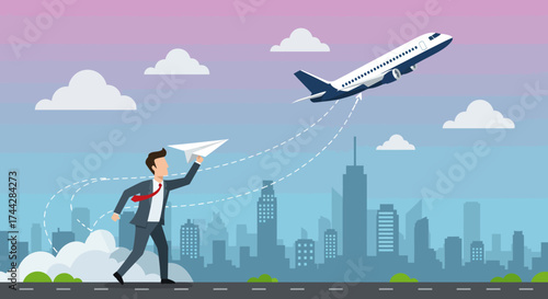 Businessman with paper plane and airplane against cityscape sky at dusk