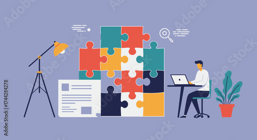 Creative workspace with puzzle concept and business elements in modern design