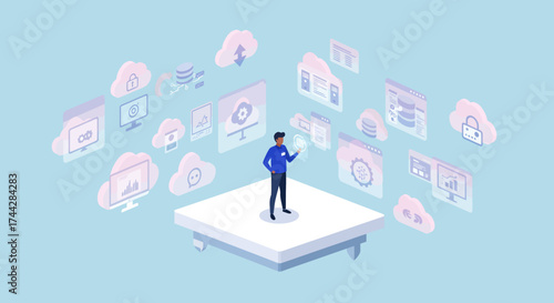 Isometric cloud computing concept with digital interface and data storage elements