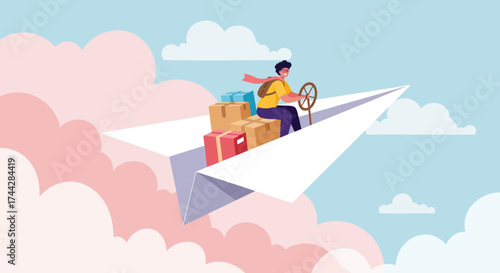 Adventurous journey on a paper airplane with pilot steering through fluffy clouds