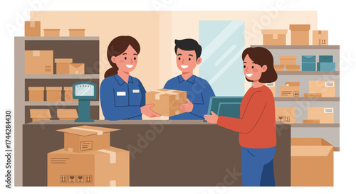 Friendly package pickup at a modern store counter with smiling staff and customer
