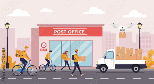 Modern postal services: cyclists and drones delivering in urban setting