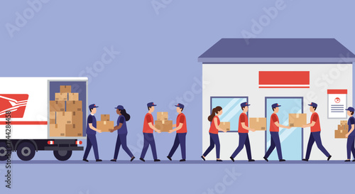 Flat design delivery workers unloading packages from truck to store