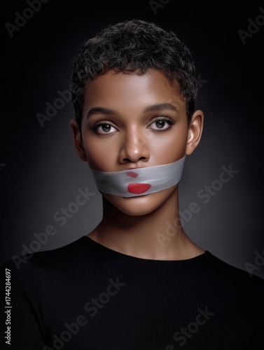 Close-up portrait of a young activist with tape across her mouth, symbolizing silenced voices and human rights issues. Powerful image for social justice themes.