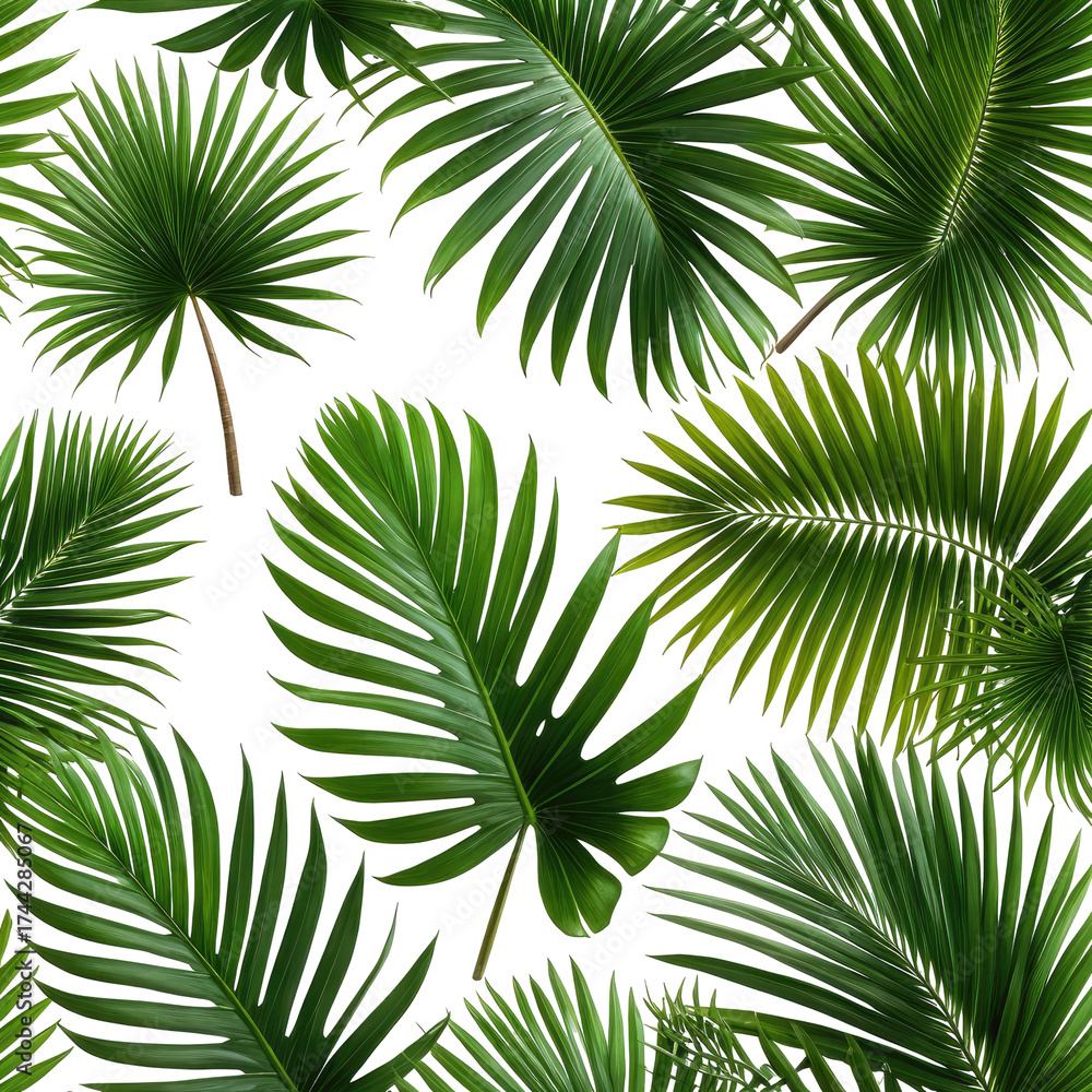 Fototapeta premium Green palm leaves on black background, tropical foliage seamless pattern
