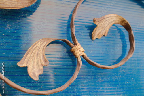 Ornate metalwork features leaf shapes and swirling lines against a textured blue surface.