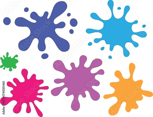 Colorful Paint Splatter Set – 7 Hand-Drawn Ink Blots in Blue, Pink, Green, and Orange for Creative Design, Art Projects, and Decorative Backgrounds
