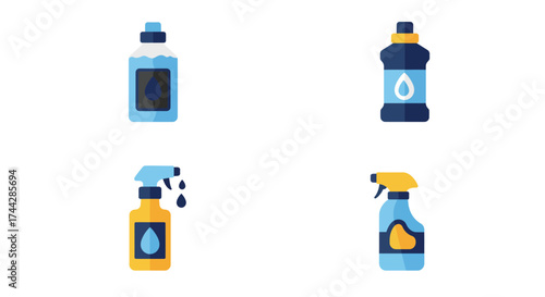 Various cleaning products including spray bottles and liquid detergents illustrated