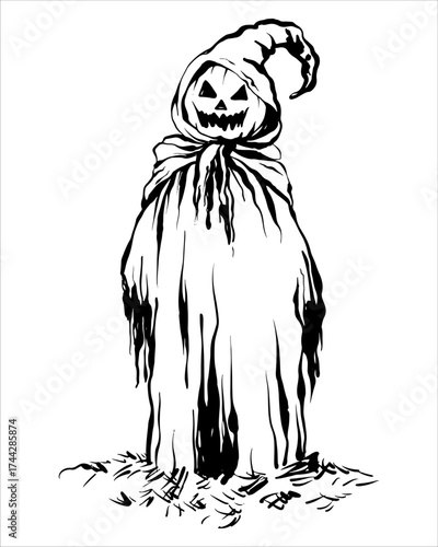 Hand drawn pumpkin man in hooded robe. Halloween jack-o-lantern, grim reaper icon, spooky scarecrow figure. Outline vector, isolated sketch, gothic horror design element.