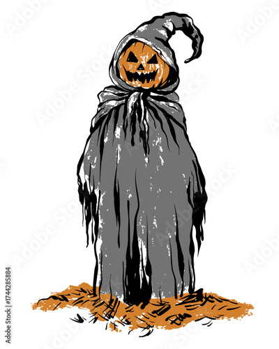 Hand drawn pumpkin man in hooded robe. Halloween jack-o-lantern, grim reaper icon, spooky scarecrow figure. Outline vector, isolated sketch, gothic horror design element.