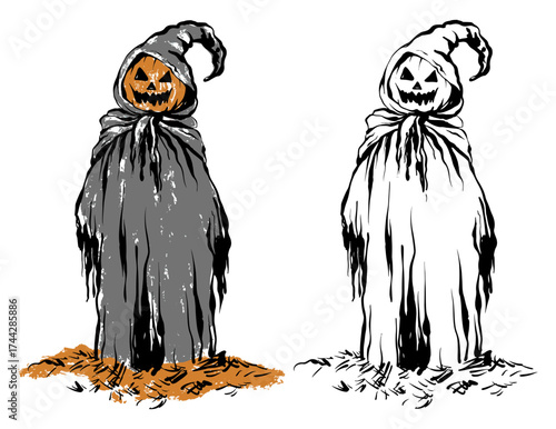 Hand drawn pumpkin man in hooded robe. Halloween jack-o-lantern, grim reaper icon, spooky scarecrow figure. Outline vector, isolated sketch, gothic horror design element.