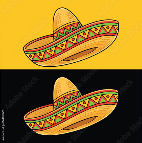 Two colorful sombrero hats on a split yellow and creating a festive atmosphere on white background