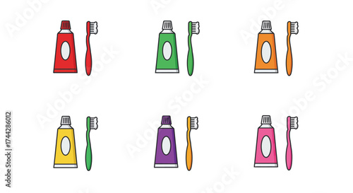Colorful dental hygiene products including toothpaste and toothbrushes are displayed