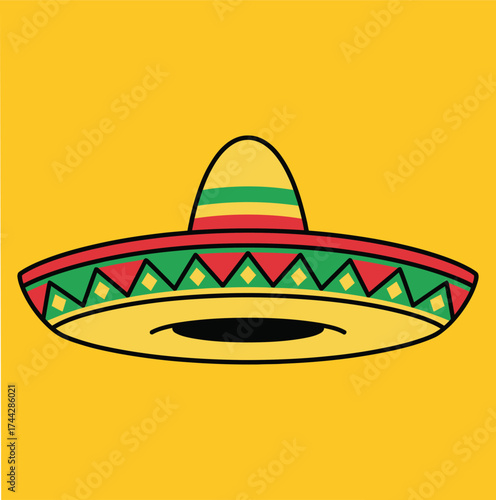 Colorful cartoon sombrero with traditional mexican design elements on a bright yellow background on white background