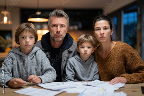 Family of four, two children and two adults, sitting at a table covered with documents, displaying expressions of concern and seriousness in a cozy home environment