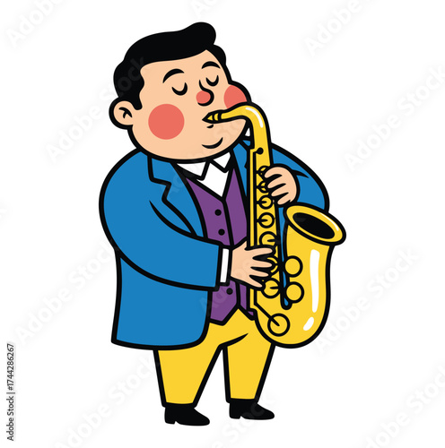 Cartoon man in a blue jacket playing a golden saxophone with his eyes closed in musical enjoyment on white background