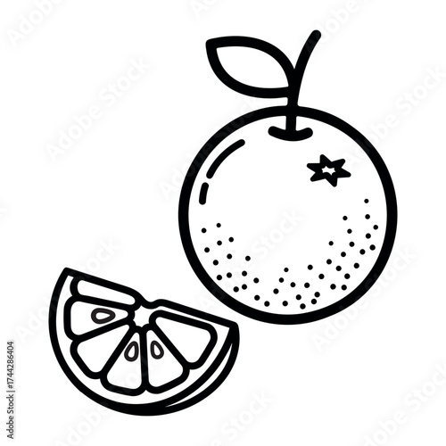 Whole orange and slice line art icon representing citrus fruit, vitamin C, and healthy food concept in simple outline vector style