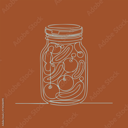 Minimalist Line Drawing of a Glass Jar Filled with Various Fruits and Vegetables on a Warm Brown